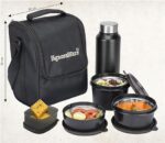 Signor aware Monarch Premium Microwave Safe Lunch Box (3 Stainless Steel Containers + Pickle Box + Steel Bottle + Insulated Bag) (500ml+350ml+200ml+100ml +700ml Bottle, Set of 5, Black Office Series)